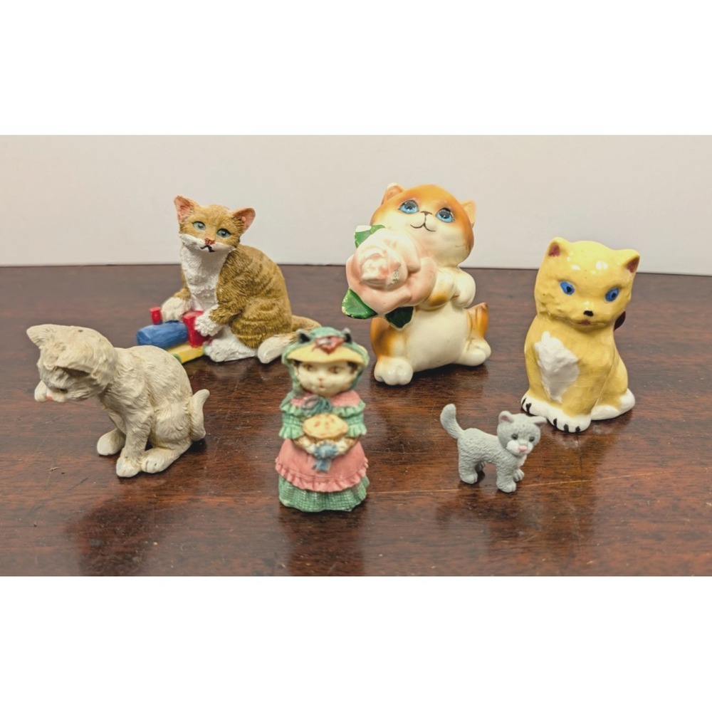 Vintage Cat Figurine Lot of 6 Ceramic Resin Kittens Miniatures Cat Lover Decor